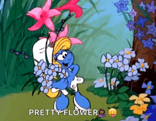 a smurf is holding a bunch of flowers and the word pretty flower is above her