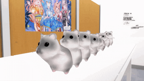 a bunch of hamsters are standing in front of a poster that says ' tiny world ' on it