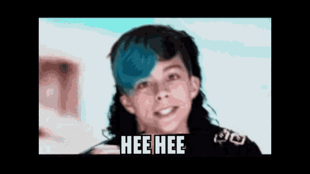 a young boy with blue hair and the words hee hee written on the bottom
