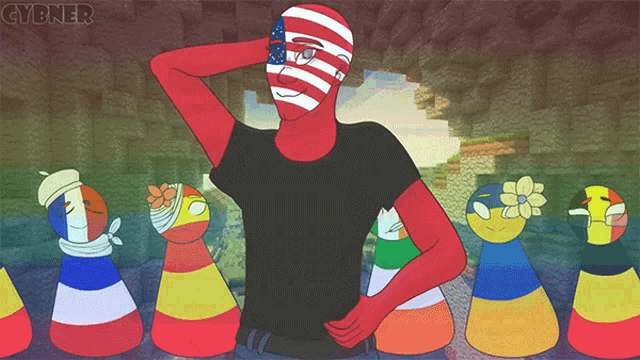 a cartoon drawing of a man with an american flag on his head