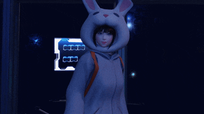 a girl wearing a bunny hooded jacket stands in the dark