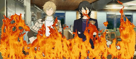 a couple of anime characters standing in front of a fire