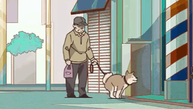 a man is walking a dog on a leash in front of a building .