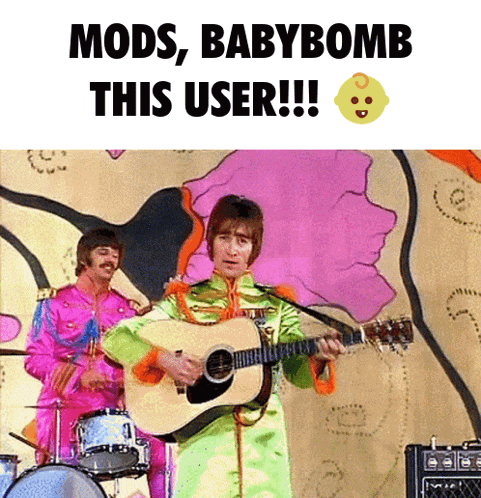 a man playing a guitar with the words mods babybomb this user written above him