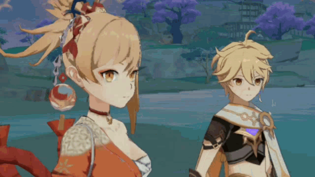 a man and a woman are standing next to each other in a video game