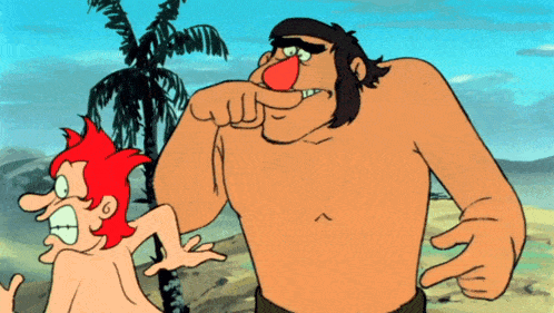 a cartoon of a naked man and a giant with a red nose