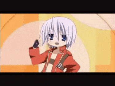 a girl with white hair and blue eyes is wearing a red jacket with a belt around her waist .