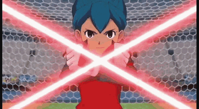 a cartoon character with blue hair and a red shirt is holding two red lightsabers