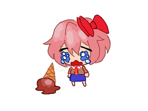 a drawing of a girl crying next to an ice cream cone .