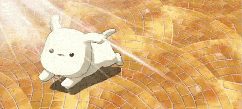a cartoon dog is running on a brick walkway .