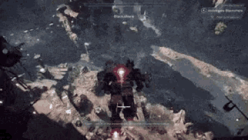 a video game screen shows a robot flying over a mountain