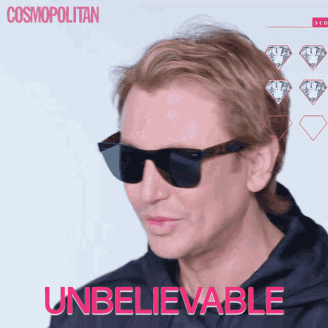 a man wearing sunglasses and a black hoodie with the word unbelievable on the bottom