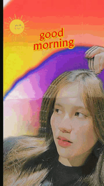 a woman with a rainbow in the background and the words good morning on the bottom