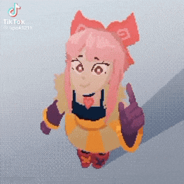 a pixel art drawing of a girl with pink hair and a red bow on her head giving a thumbs up .