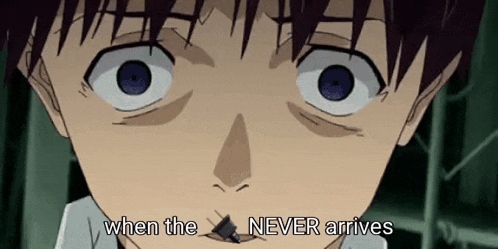 a close up of a person 's face with the words `` when the never arrives '' written above it .
