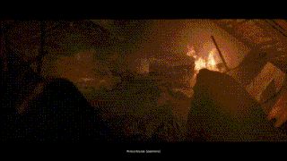 a group of people are standing in front of a burning building .