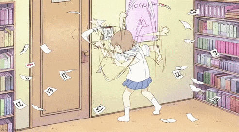 a cartoon of a girl in a library with a sign that says yogurt on it