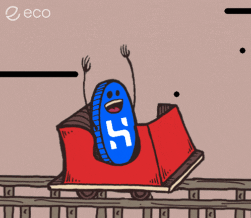 a cartoon drawing of a roller coaster with a coin on it with the number 5 on it
