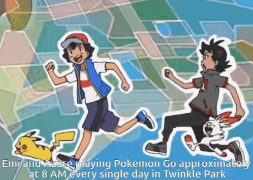 a cartoon of two boys and a pikachu running in a park