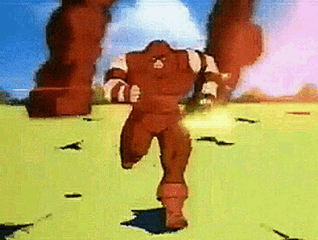 a cartoon character is running in a field while holding a sword .