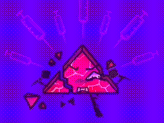 a purple triangle is glowing in the dark on a dark background .