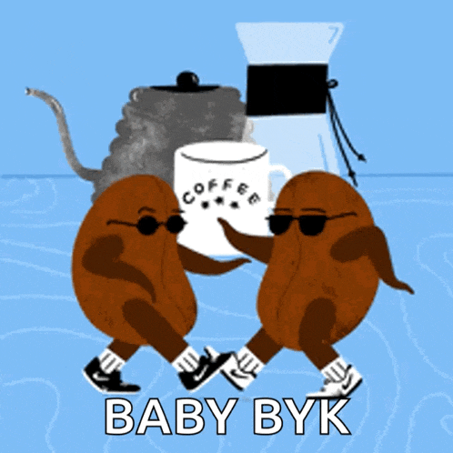 a couple of coffee beans dancing with a cup of coffee