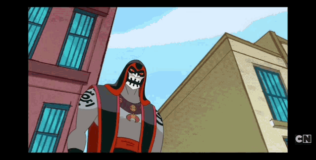 a cartoon character from cn stands in front of buildings