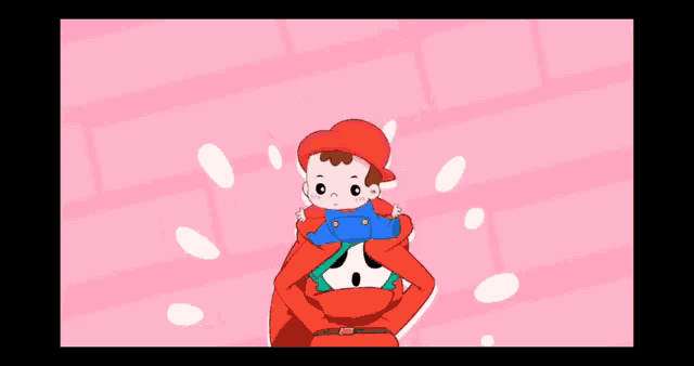 a cartoon of a man holding a child on his shoulders