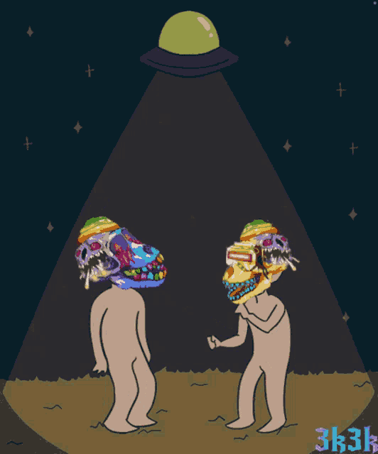 a cartoon drawing of two people with skulls on their heads and the letters 3k3k on the bottom