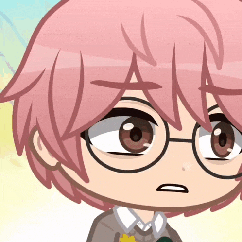 a cartoon character with pink hair wearing glasses