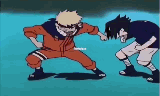 naruto and sasuke are standing next to each other in a cartoon .