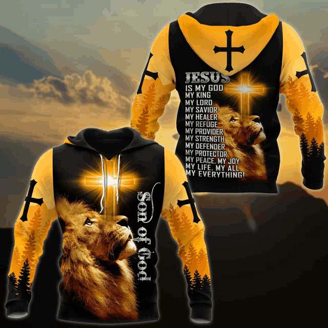 a yellow and black hoodie with a lion and the words son of god on it