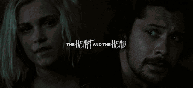 a poster for the heart and the head shows a man and a woman looking at each other