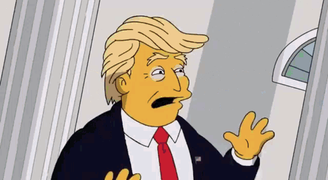 a cartoon of donald trump in a suit and red tie