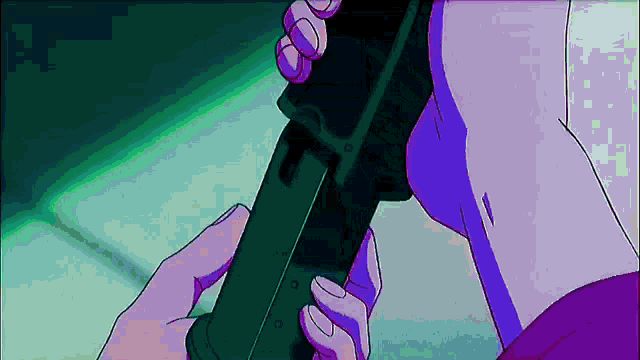 a person is holding a gun in their hand in a cartoon .
