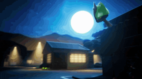 a cartoon drawing of a house with a full moon behind it