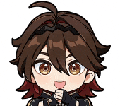 a cartoon character with brown hair and brown eyes is smiling and holding his hands together .
