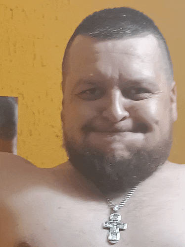 a shirtless man with a beard and a cross necklace