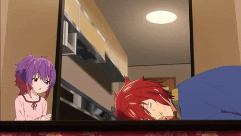a girl with purple hair is looking out a window at a man with red hair