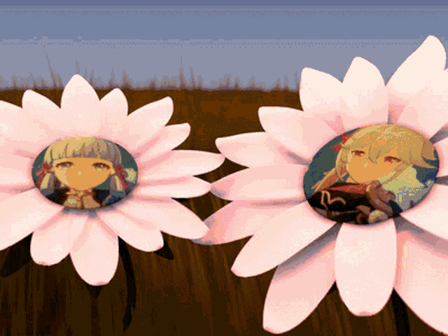 two pink daisies with a picture of a girl on the center