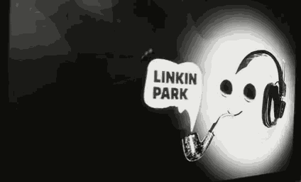 a black and white photo of a ghost with headphones and a pipe that says linkin park