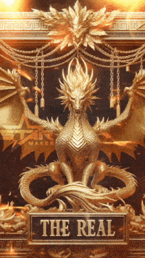 a statue of a golden dragon with the words the real on the bottom