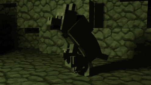 a minecraft character is standing in a dark room with a stone wall in the background .