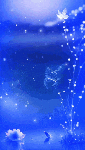 a blue background with a butterfly and a flower