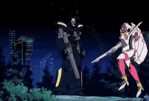 a robot with a sword is standing next to another robot with a shield
