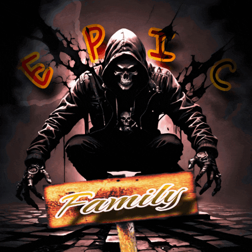 a grim reaper holding a sign that says family on it
