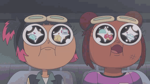 two cartoon characters wearing goggles with robots in them