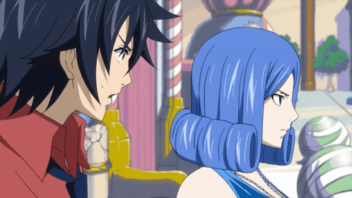 a boy and a girl are looking at each other in a cartoon