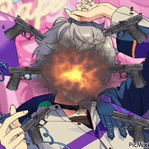 a man is surrounded by guns with a fireball coming out of his head