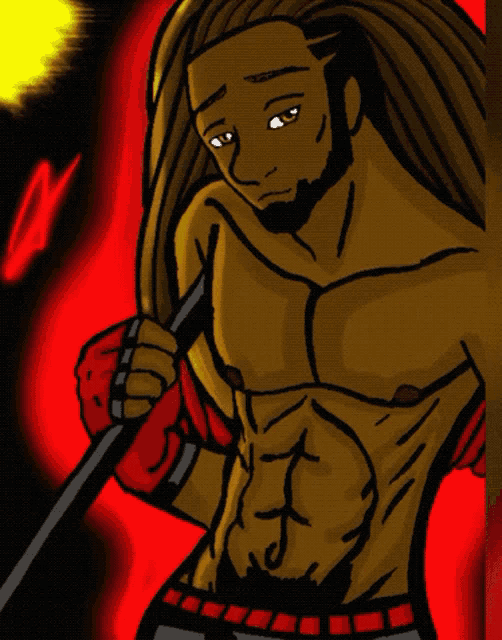 a cartoon drawing of a man with long hair sticking out his tongue